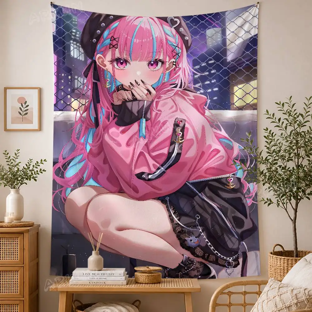 Anime Girl Tapestry Pink Blue Hair Kawaii Cartoon Wall Hanging, Urban Night City Background Harajuku Style Wall Decor