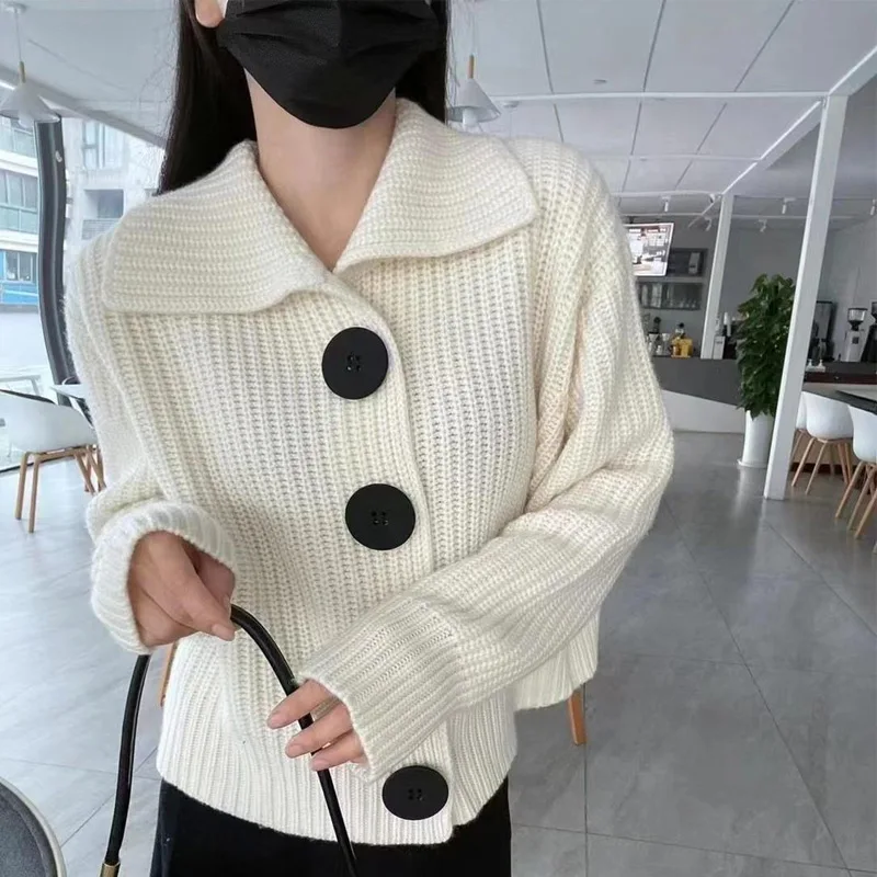 Korean Fashion Loose Polo Neck Cardigan Autumn Winter New Long Sleeve V Neck Solid Trend Knitting Sweater Casual Women Clothing