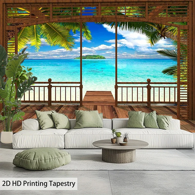 

Tropical Sea View Balcony Beach Scenery Decor Tapestry Soft wall background fabric for living room and bedroom decoration