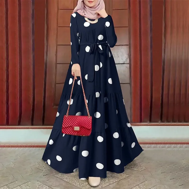 2025 NEW Muslim Abaya Femme Vintage Polka Dotted Prints Abayas for Women European and American Islamic Clothing