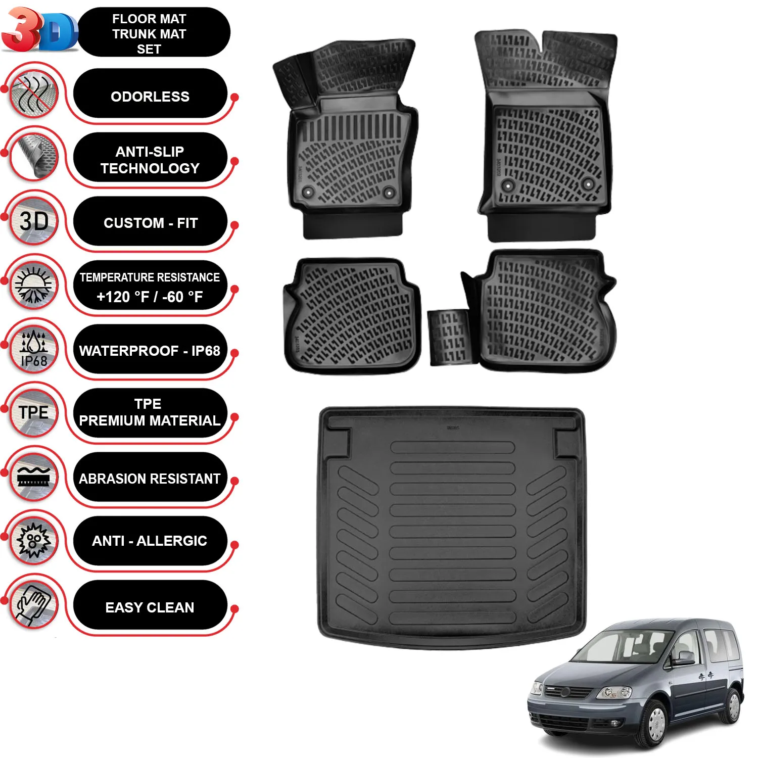 

Volkswagen Caddy - (2003-2010) - Floor Mats + Cargo Trunk Liner - SET - (Black)