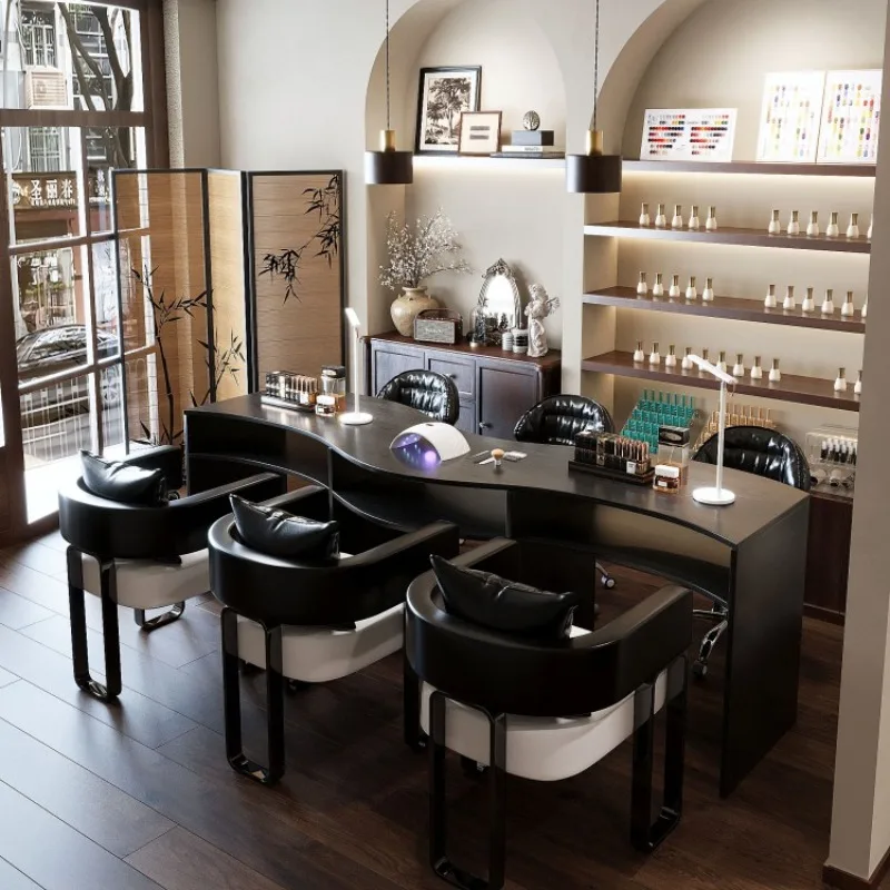 S-shaped manicure table and chair set Chinese antique manicure shop table special-shaped double three people