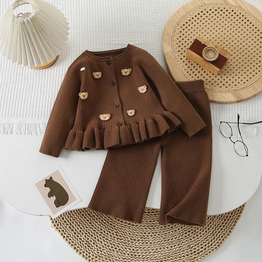 Kinder Gestrickte Anzug Herbst und Winter Neue Mädchen Süße Bär Langarm Pullover Strickjacke + Hosen Casual Zwei Stück set