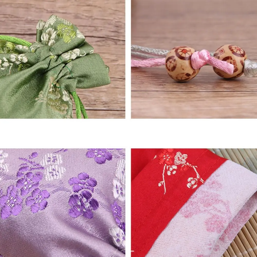 Retro Satin Storage Bag Flower Embroidered Drawstring Gift Bag Tie Drawstring Women Sachet Children