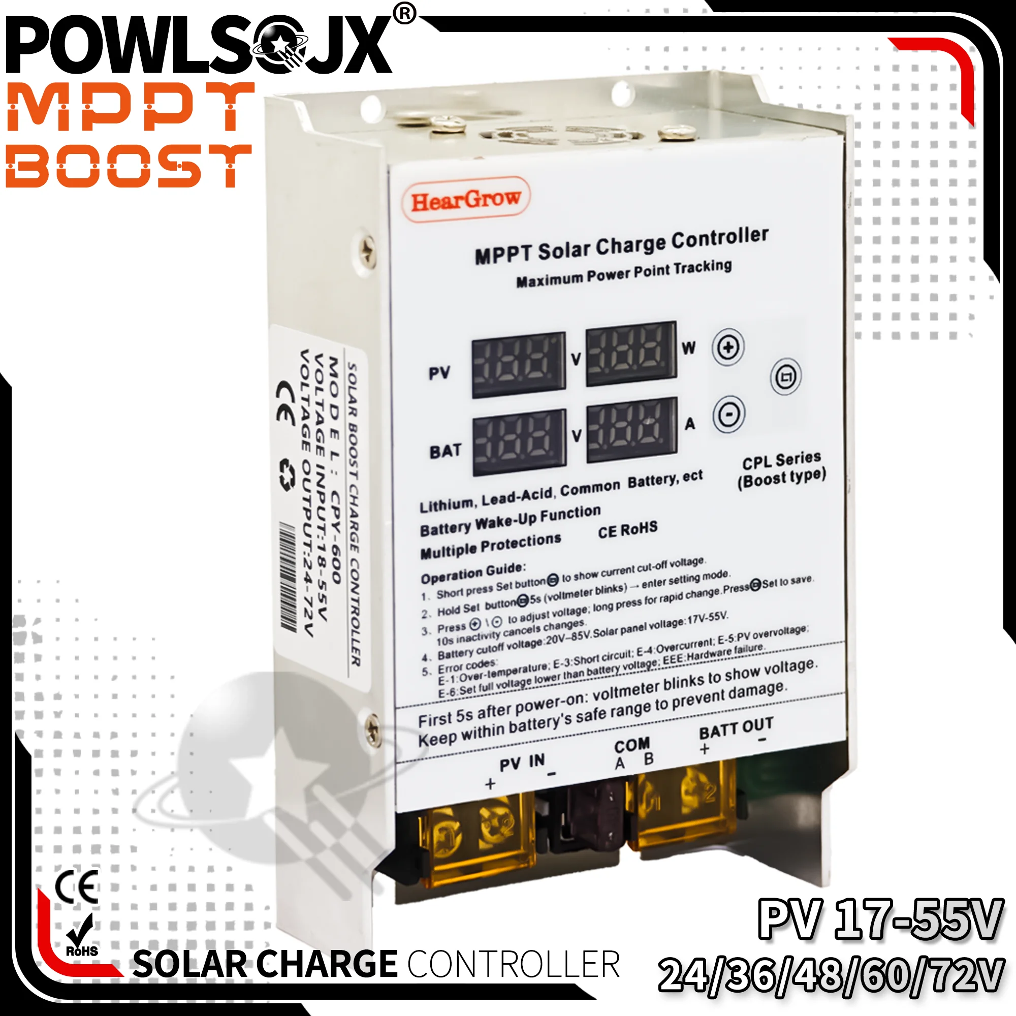 POWLSOJX 300W 600W Boost MPPT Solar Charge Controller for 24V 36V 48V 60V 72V Golf Cart E-Bike E-Scooter Battery Charger