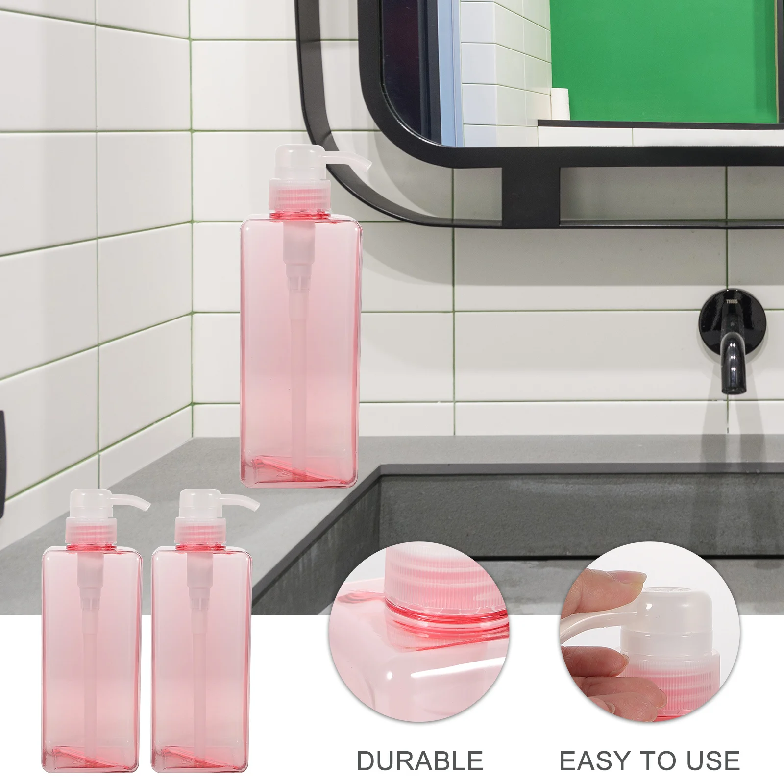 

2Pcs Square Lotion Dispenser Bottle Pink Emulsion Pump for Shampoo Body Wash Liquid Soap Hotel Home Shampoo Bottle