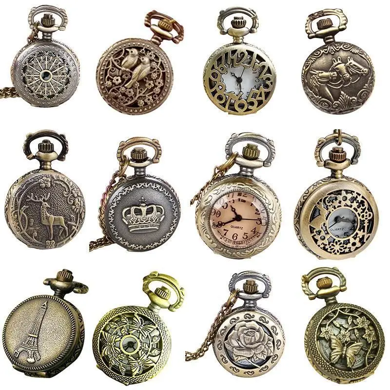 Portmonetka Vintage mały zegarek Steampunk kwarcowy zegarek na łańcuszku Hollow etui w serca naszyjnik brązowy kolorowy ze stopu Fob zegar prezent dla mężczyzny
