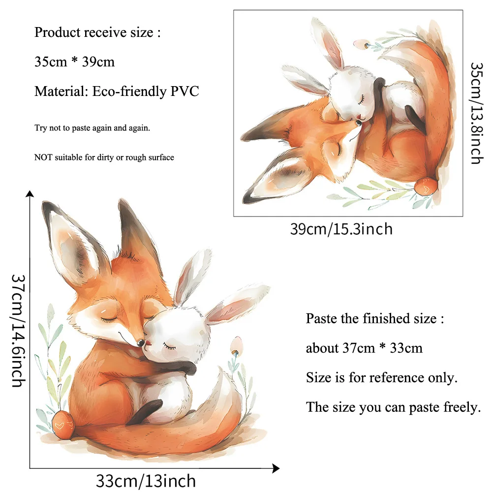 Cartoon Fox Rabbit Embrace Wall Sticker Kid Room Bedroom Background Decoration Mural Home Decor Cute Animal Self-adhesive Decals