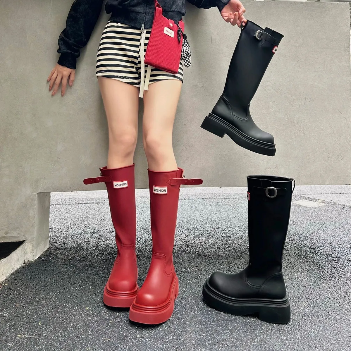 

Red Long Knight Boots Thick Bottom High Tube Soft Leather Outdoor Camping Travel Boots round Toe mid Heel Rubber Sole