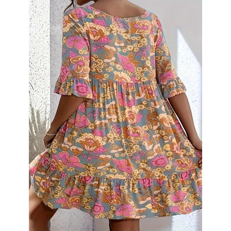 Plus Size 1XL-5XL Women's Fashionable Ruffle Sleeve Loose Dress Ladies V-neck Pleated Printed Casual and Comfortable Dress