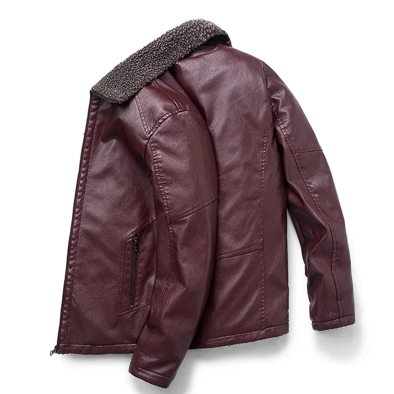 

Mens Leather Jacket Thick Fluffy Wine Red Biker Jacket Oversize Men Winter Casual PU Leather Faux Fur Collar Coat Male 8xl 7xl