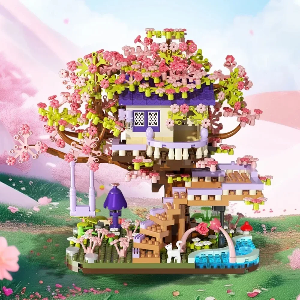 SAKURA Treehouse House Building Blocks DIY Creative ASSEMBLY ดอกไม้ Tree House Micro-particle ของเล่นเพื่อการศึกษาสําหรับของขวัญวันเกิด