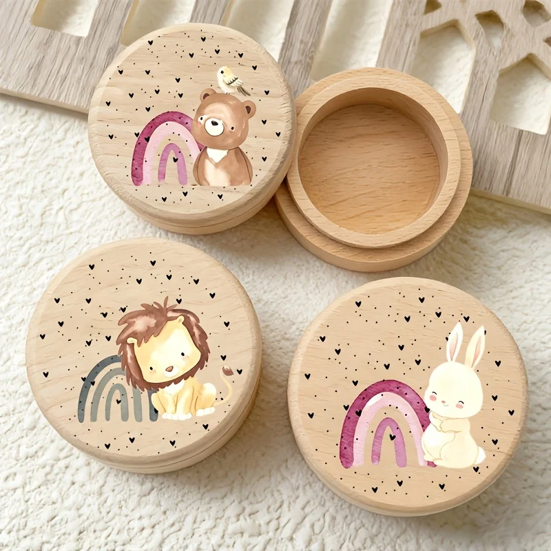 1pc Wooden Tooth Fairy Box with Cartoon Animal Pattern Design Umbilical Cord Souvenir Box Tooth Preservation Box Tooth Storage