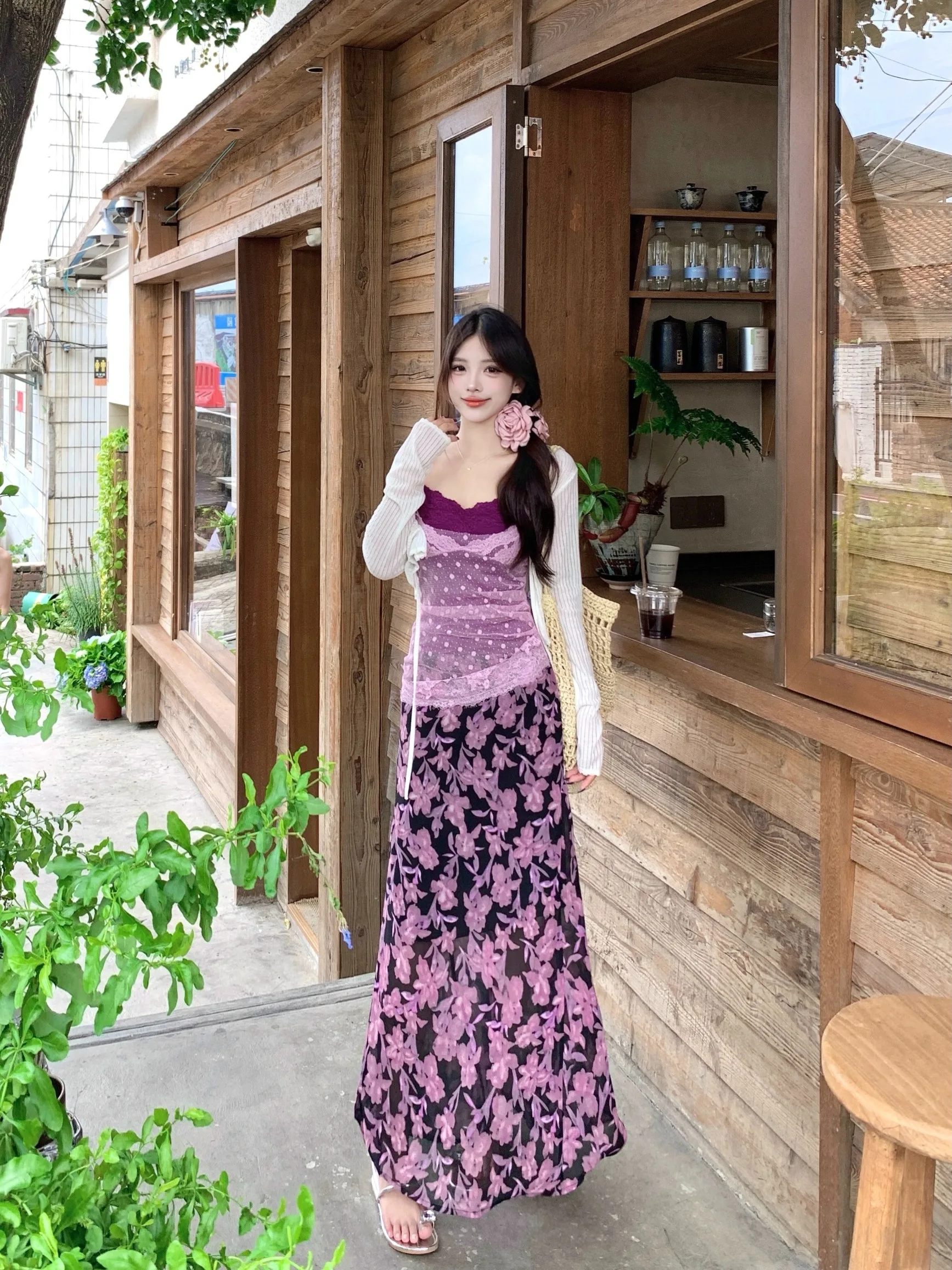 

plus Size Summer New Style Pure Desire Lace Floral Print Sunscreen Cardigan Set High Waist A-Line Skirt Long Sleeve Korean Ve...