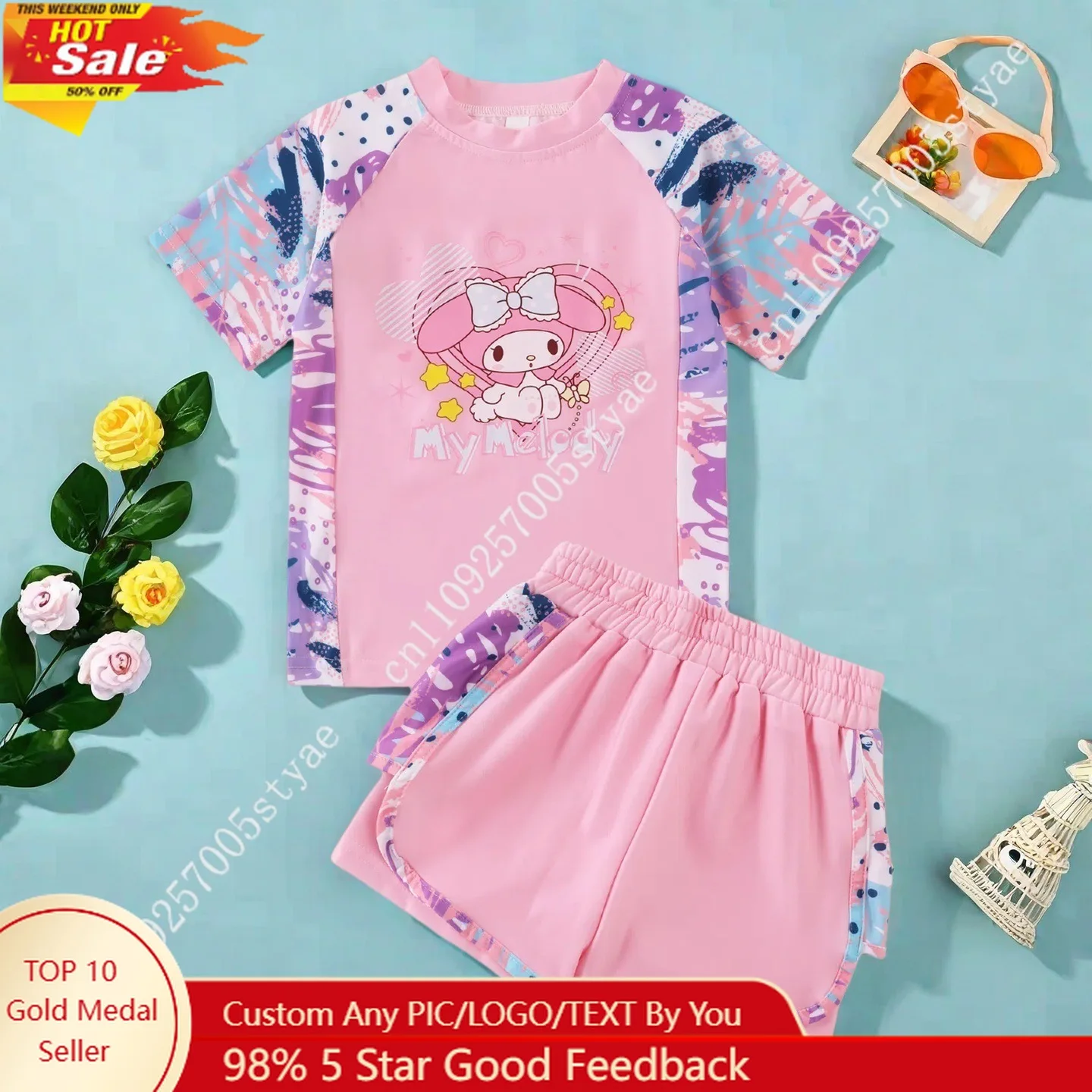 Sanrio Girls My Melody Two-Piece Swimsuit with Cartoon Double-Layer Skirt