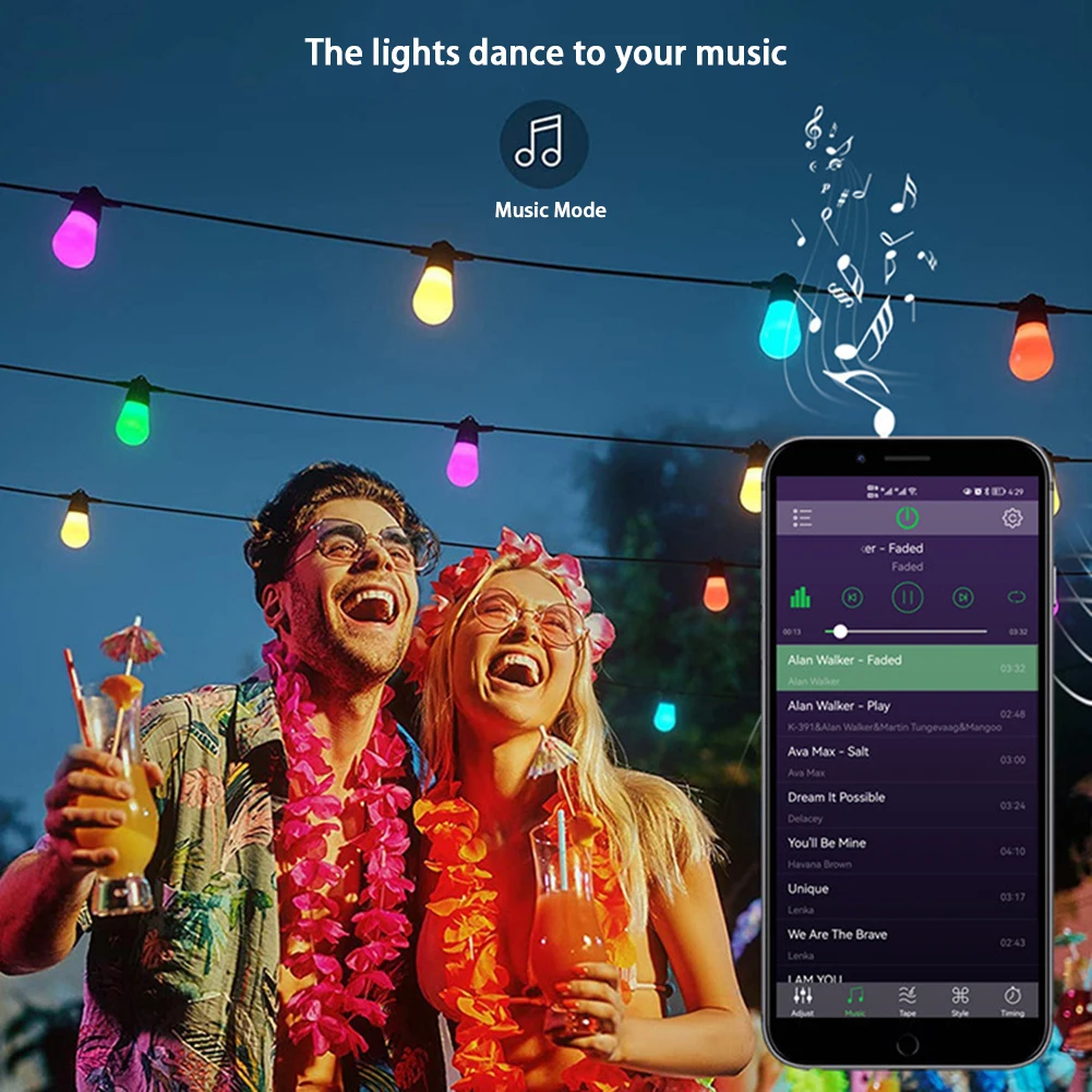 Inteligente LED String Lights para Jardim, impermeável, ao ar livre, Pátio Luz, festão, Decoração do casamento, RGBW, S14 Lâmpada, Wi-Fi, Dropshipping, 12m