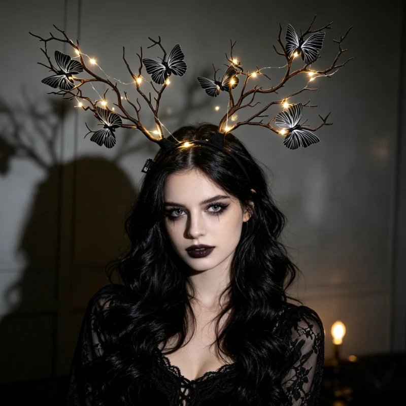 LED Light Up Reindeer Antler Headband, Floral Butterfly Branch Elk Hair Hoop, Christmas Halloween Glowing Forest Fairy Headpiece