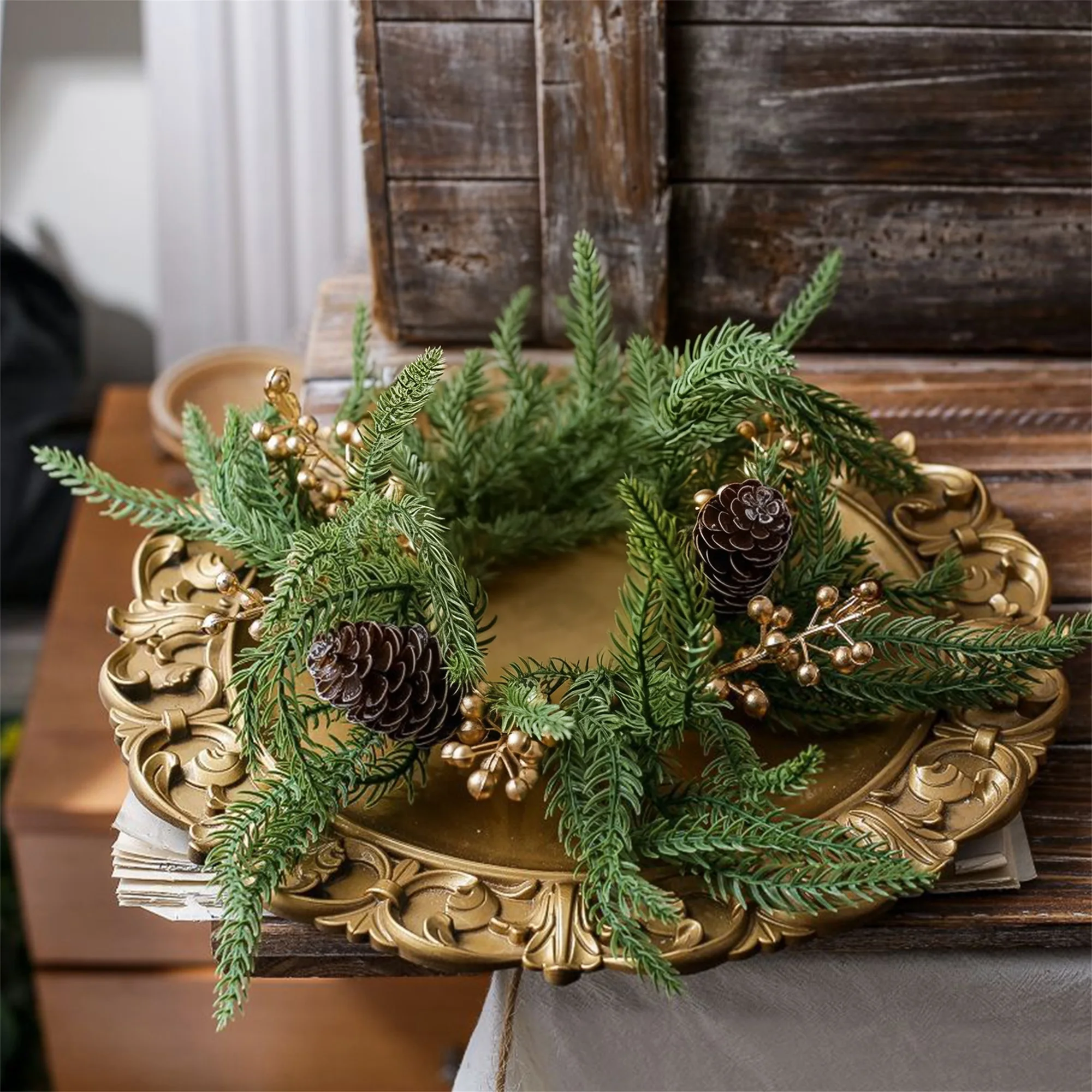 Christmas Candle Ring Artificial Pine Cones Berries Candle Wreath for Desktop Centerpieces Decor