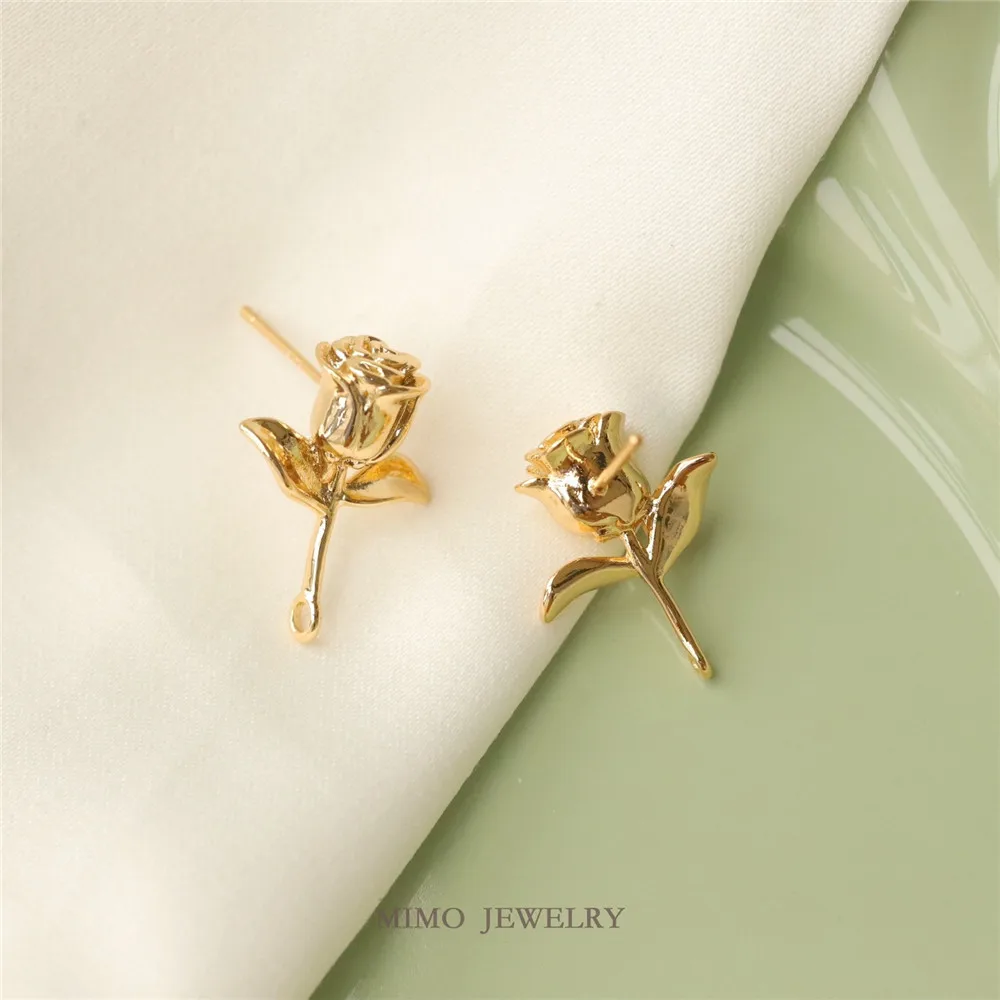 Copper-plated Real Gold Romantic Three-dimensional Rose 925 Silver Needle Stud Earrings DIY Handmade Charm Accessories