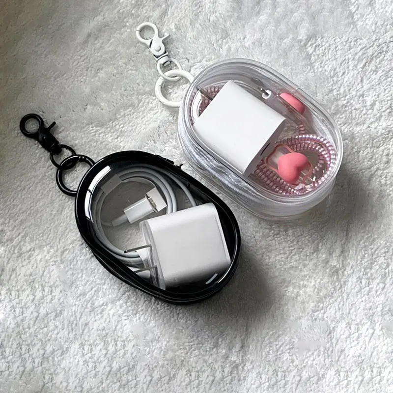 Mini Clear Zipper Storage Bag With Keychain Travel Makeup Organizer Zipper Bags Women Men Earphone And Charger Case Key Chain