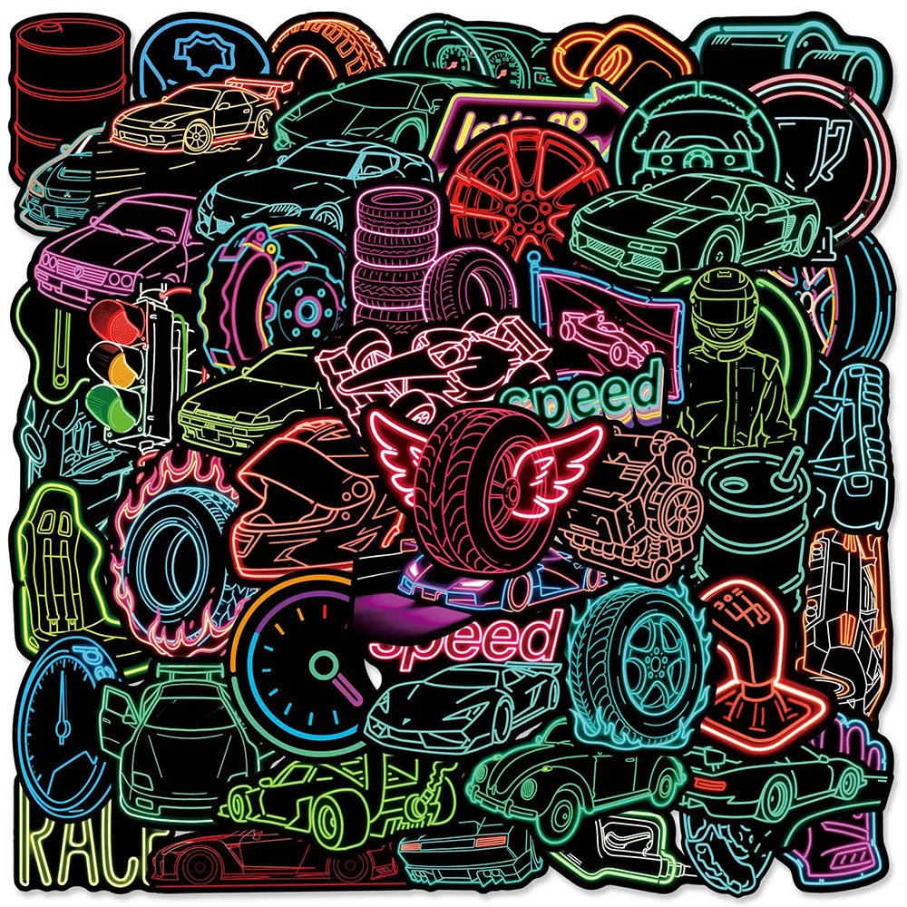 10/30/50pcs Neon Light Racing Car Cartoon Stickers Cool Graffiti Sticker Decoration Motorcycle Phone Luggage Waterproof Decals