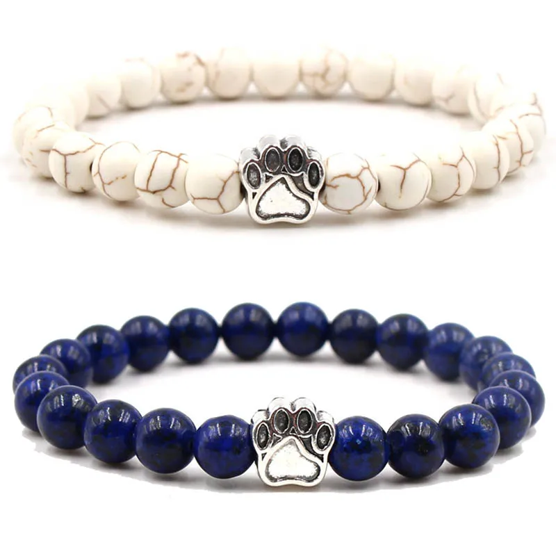 8mm Natural Stone Beads Bracelets Dog Cat Footprint Paw Charms Strand Bracelet Pet Lover Stretch Jewelry