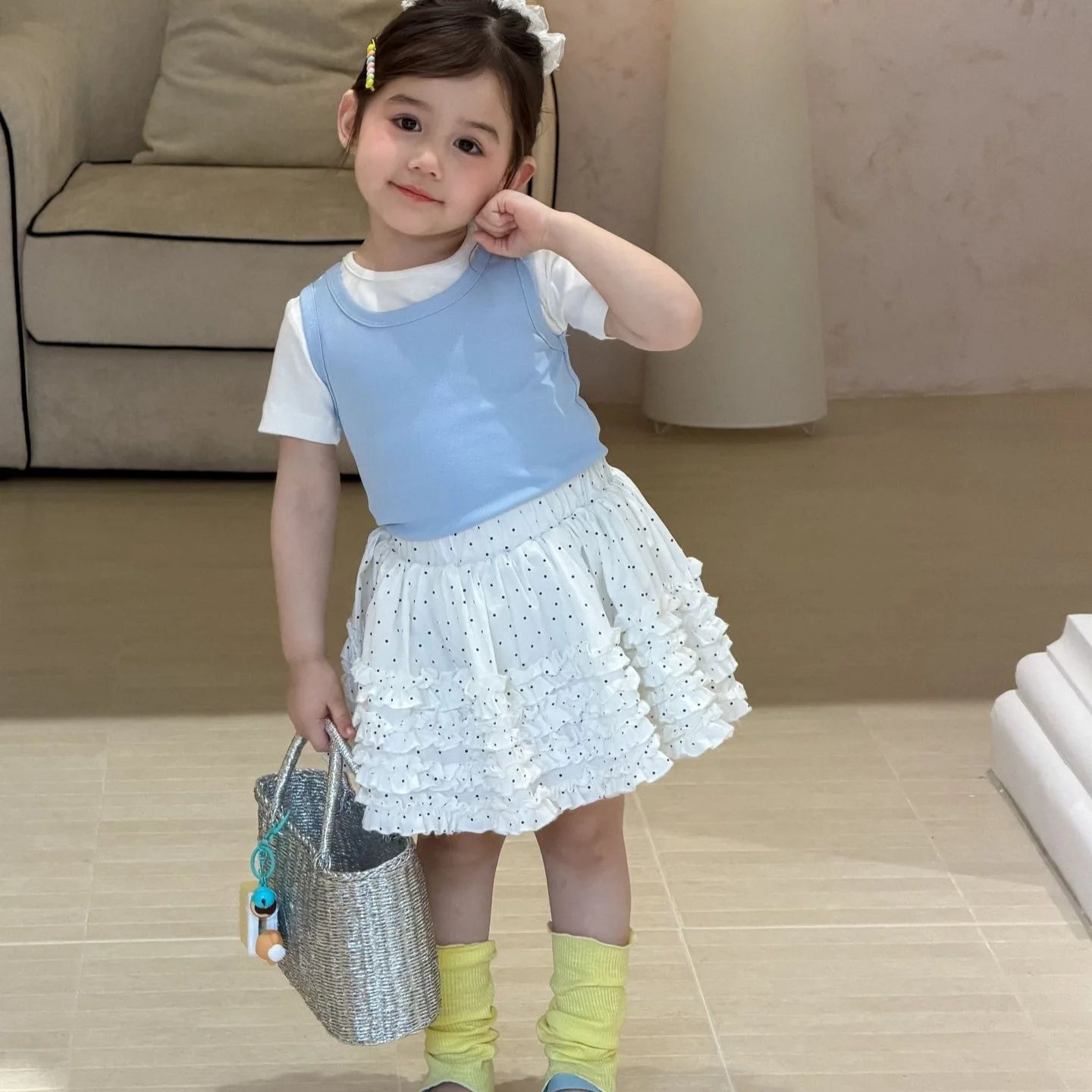 2026 Summer Fashion New Childrens Clothing Girls Sweet and Cute Stylish T-Shirt 2-Piece Vest Short Sleeve Versatile Trendy Set