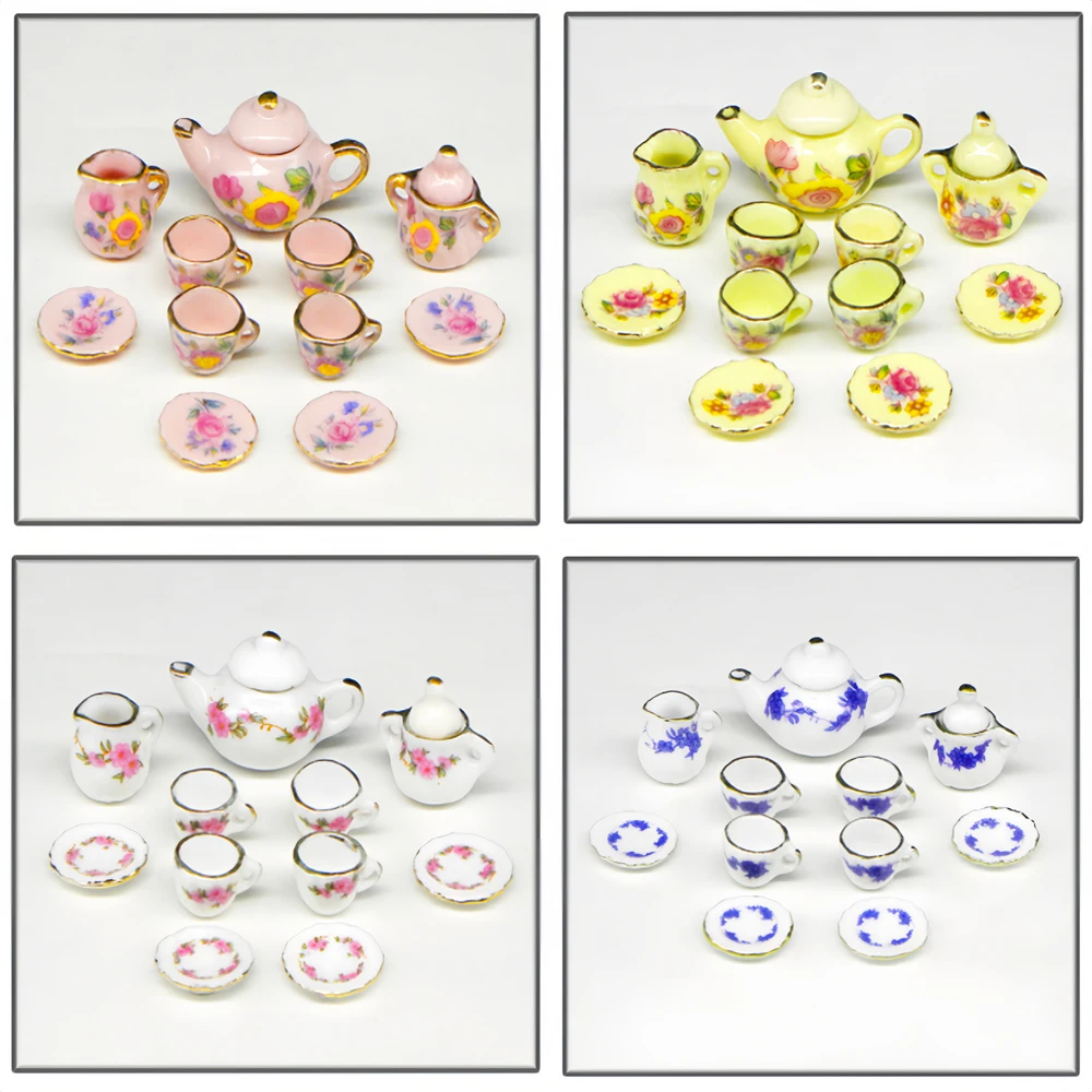 Girls Toys Tea Game Miniature Tea Set Dollhouse Furniture 15Pcs 1:12 Porcelain Cups Flower Tableware Kitchen Decorative Teapots