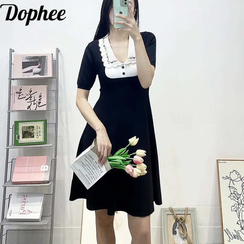 

High Quality Cute Embroidery Peter Pan Collar Women Short Sleeve Knitted Dress All-match Summer Black A-line Knee-length Dress