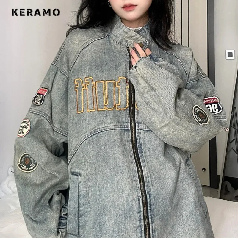 Amerikanische Retro-Stil baggy lässig blau Mode Jeans jacke Herbst Damen Applikationen Reiß verschluss Straße y2k Vintage losen Mantel