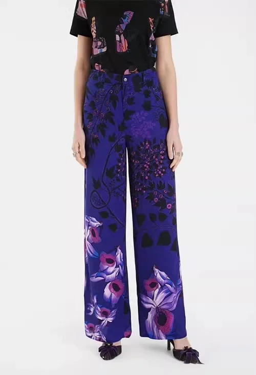 Foreign trade original order Spanish light luxury designer printed high waisted loose casual wide leg pants contrasting colors
