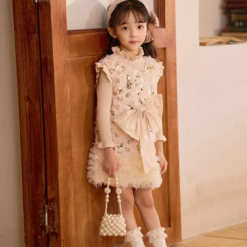 Girls\' Princess Dress Autumn/Winter 2023 New Children\'s Fashionable Dress Little Girl Sequin Tassel Fur Tank Top Dress