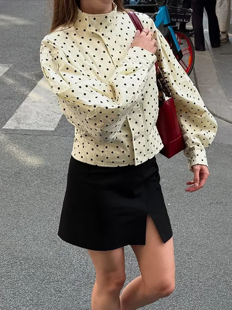 

Highstreet Fashion Women's Slim Fit Polka Dot Printed Jacket Casual Stand Collar Full Sleeve Short Coat Female Outerwear Coat