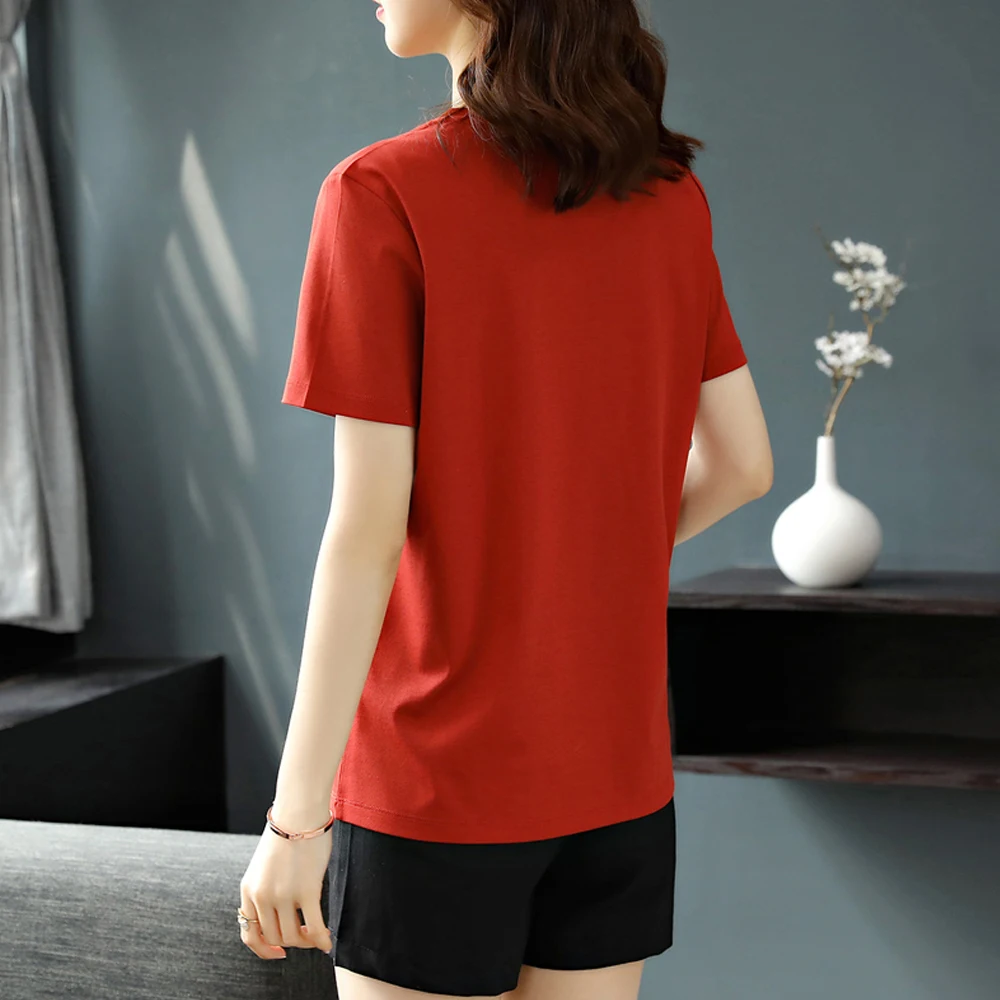 European Station Ice Silk Short Sleeve T-shirt Women's Loose Summer New Fashion Light Luxury High Quality V-neck Loose Large Top