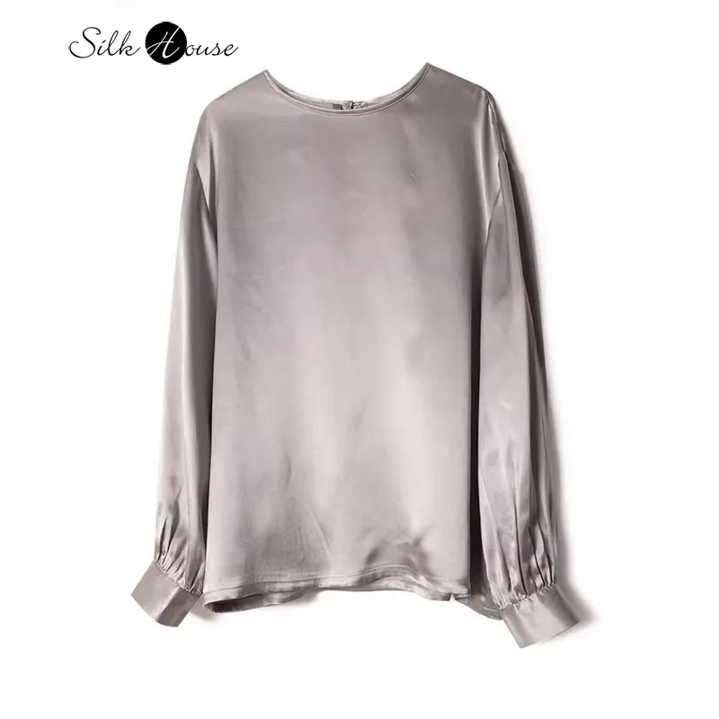 

100% Natural Mulberry Silk Gray Glossy Satin Breathable Casual Versatile Round Neck Long Sleeved Women's Autumn Office T-shirt