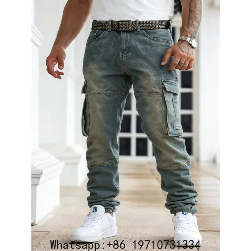 Plus-size American workwear style jeans with multiple pockets, tapered fit, men's oversized trendy versatile long pants