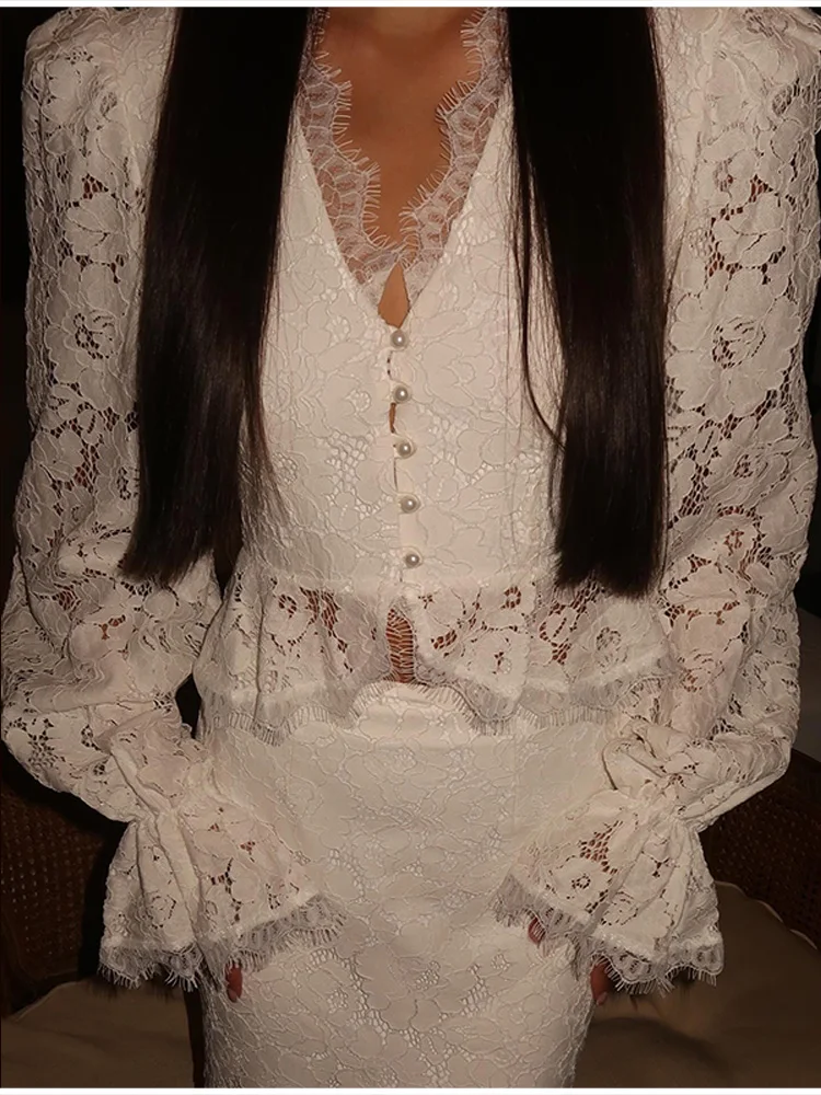 Elegantes Set aus Spitzen-Maxirock und Bluse für Damen, Vintage-Stil, einreihig, ausgestellte Ärmel, V-Ausschnitt, schlanke Bluse, Party-Outfit für Damen – Detail 28