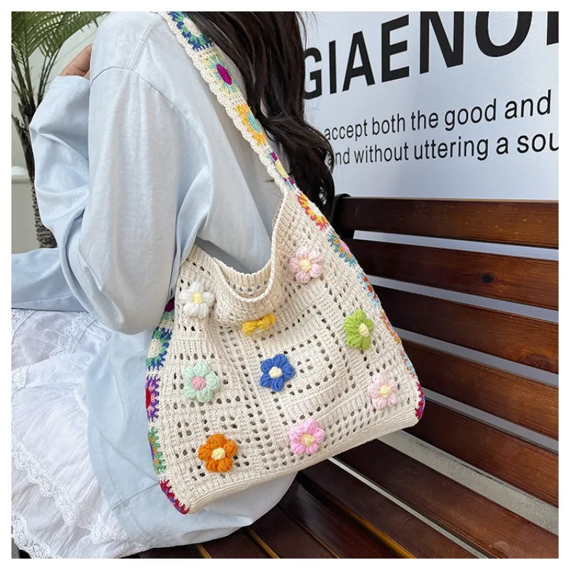 

Knitting Crossbody Bag for Women 2025 Hand-woven Flowers Korean Girl Shoulder Bookbag Shopper Bags Large Fashion Female Handbags