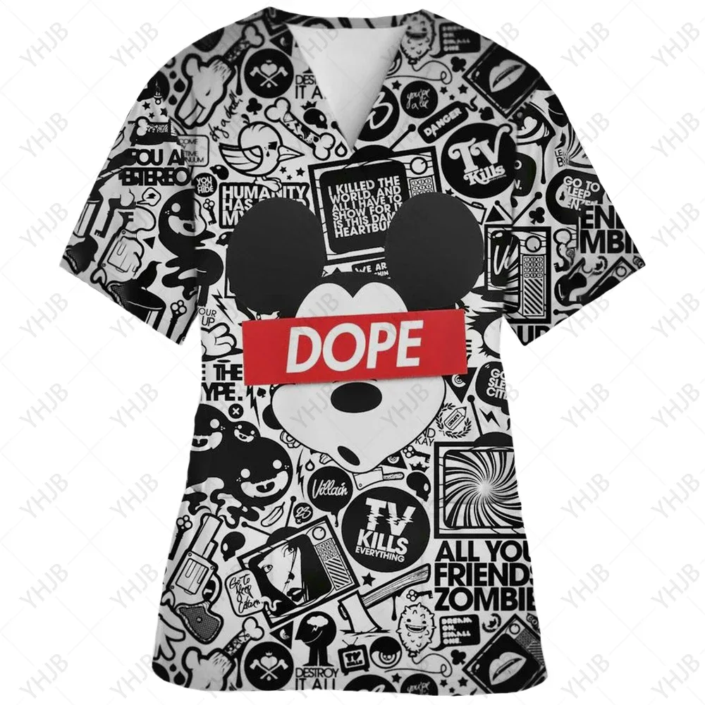 Kobiety z krótkim rękawem strój pielęgniarki pracowników szpitala Disney Minnie nadruk Mickey graficzny t-shirt z dekoltem w szpic ubrania robocze