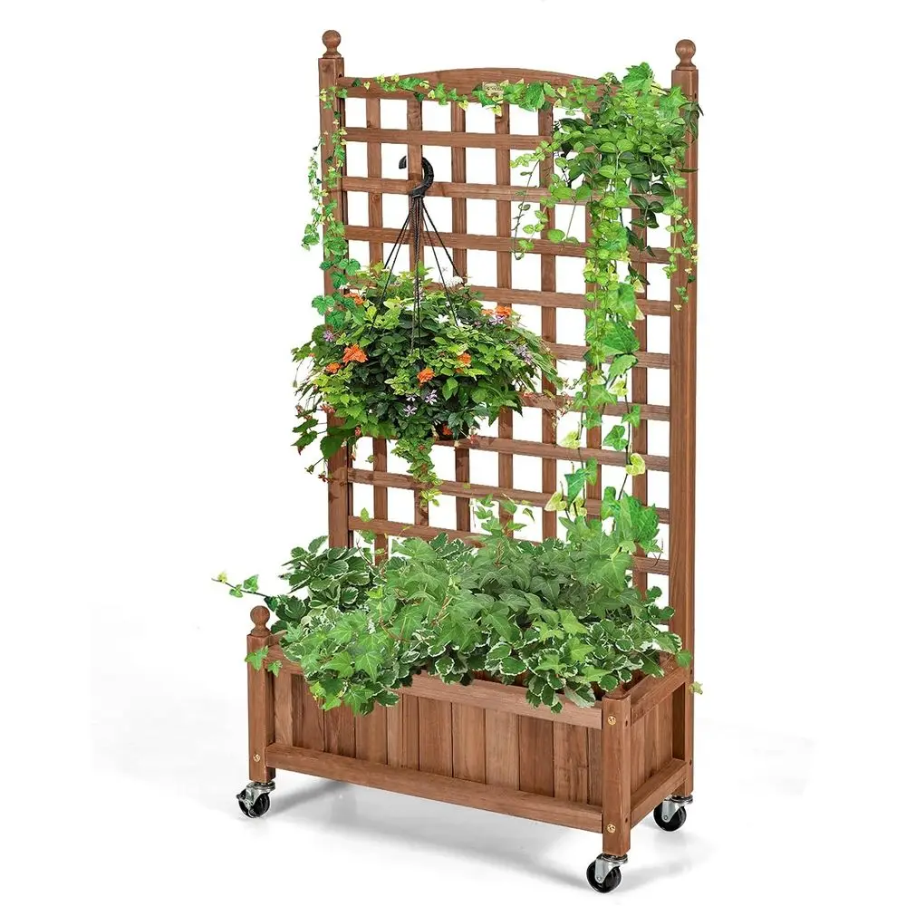 25 Portable Wooden Planter with Lattice and Wheels for Garden or Balcony