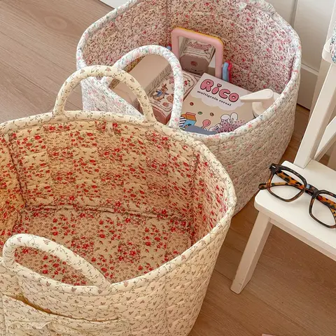 Airfriend Vintage Floral Organizers Basket With Handle Portable Home Room Quilted Foldable Storage Basket For Snack Clothes Toys