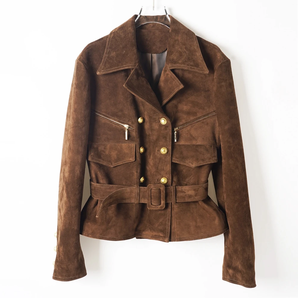 Imported Luxury Suede Goatskin Jacket Women 2026 Fall Fashion Lapel Female Casual Double-breasted Belt Real Leather Biker Jacket