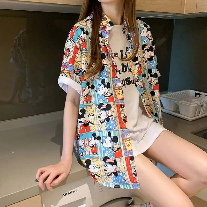 قميص ديزني اللطيف ميكي للفتيات الصيفي كاجوال متعدد الاستخدامات بتصميم مطبوع ثلاثي الأبعاد بأكمام قصيرة