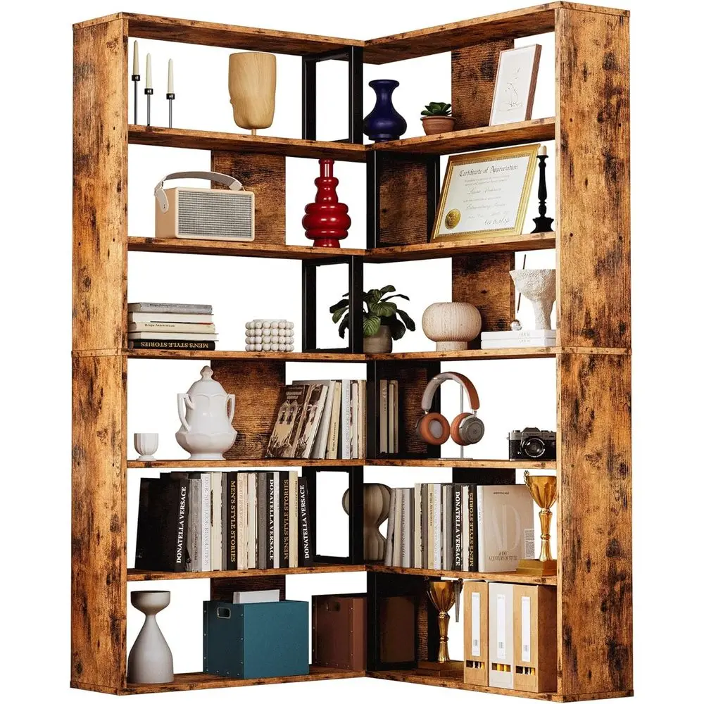 6-Tier Industrial Large Corner Shelf Bookcases for Home Office, Living Room, Bedroom - Vintage Brown