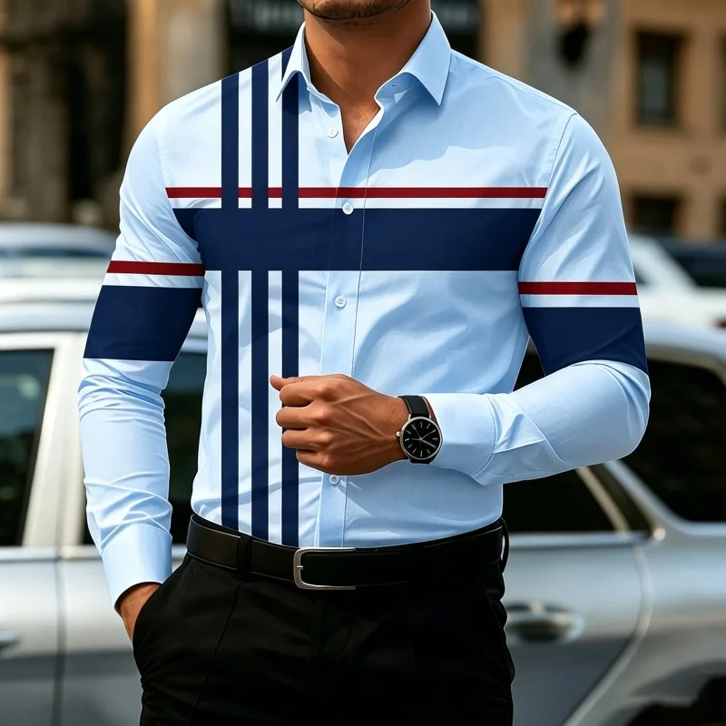 Men's Casual Patchwork Shirt with Contrasting Striped Street Style Top image 2