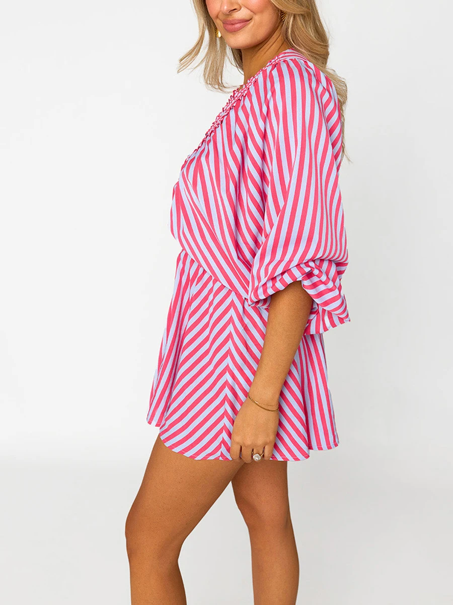 Nowy Modny Damski Letni Krótki Kombinezon Boho Długi Rękaw Głęboki Dekolt V Paski Kwiatowy Wzór Kombinezon Wyprzedaż S M L