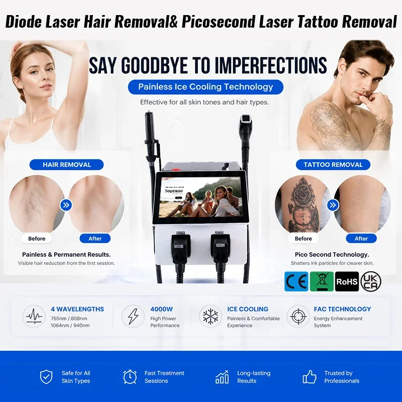 Latest Model 2IN1 5000w 808nm Diode 4 Waves Laser ND:YAG Pico Switch Machine Painless Hair Removal Machine Skin Care LCD Handle