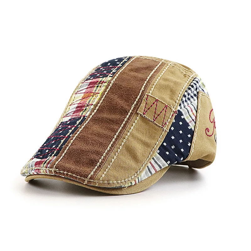 Retro Plaid Patchwork Berets Hat for Women Men Twill Herringbone Outdoor Hat Flat Cabbie Ivy Cap Peaked Hat Gatsby Newsboy Cap