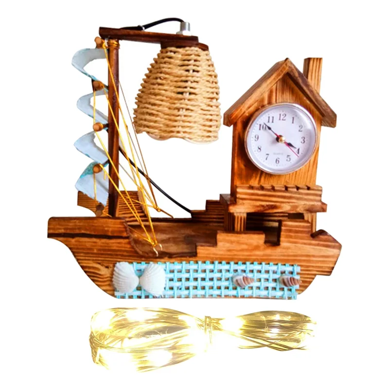 High Quality Sailboat Woodiness Lamp Clock With A Clock With Warming Light Strings Multi-Functional Electronic Clock Durable Blu