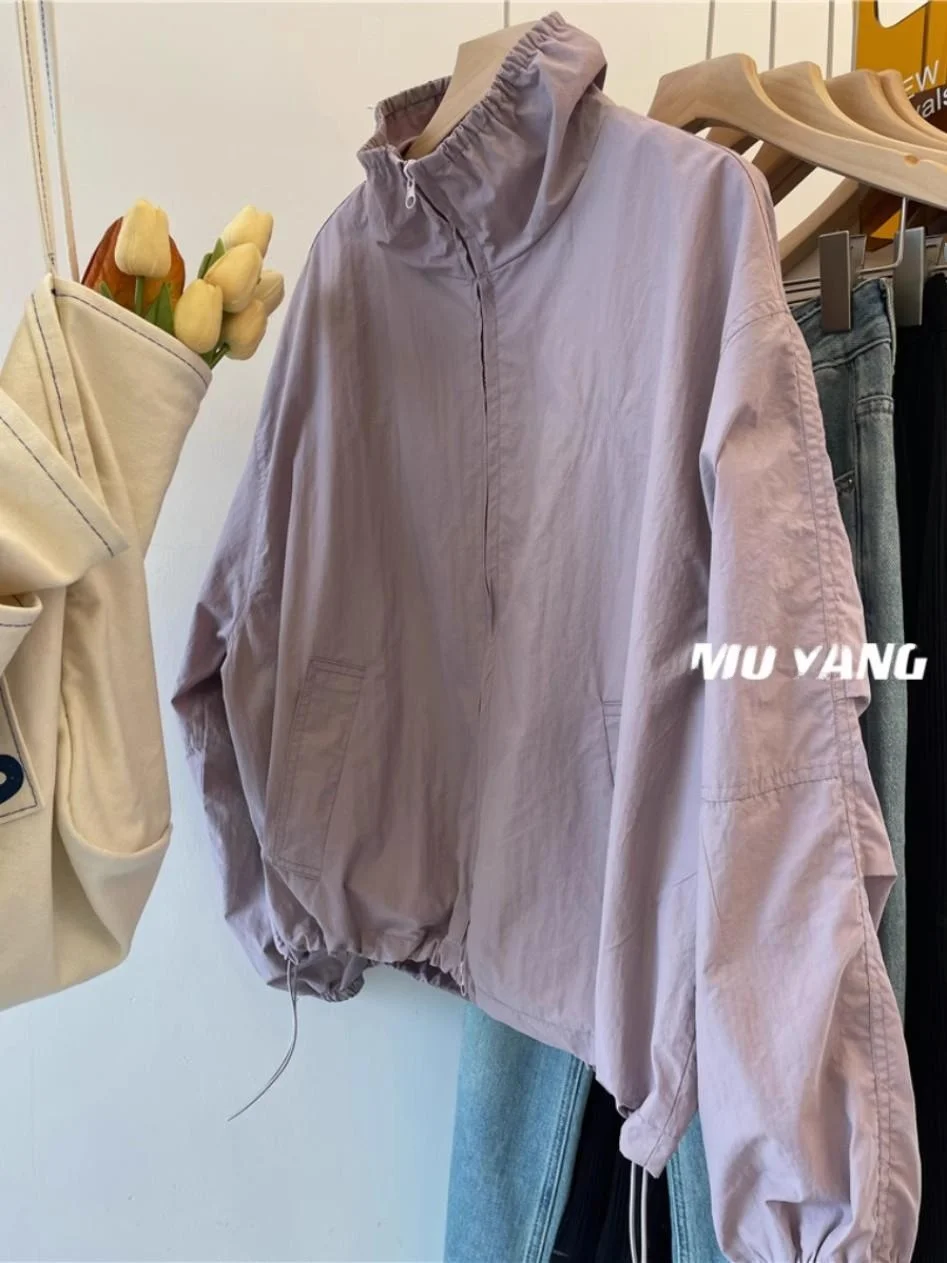 

plus Size 300 Pou Korean Lazy Sle Stand Collar Jaet Women Summer Loose Windproof Zipper Top Ins Commute Sle ort Coat